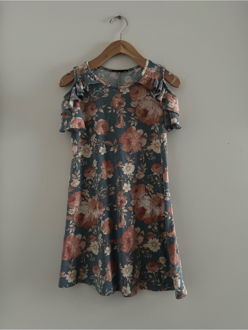 Dusty Blue & Rose Floral Cold-Shoulder Ruffle Mini Dress Fall XS